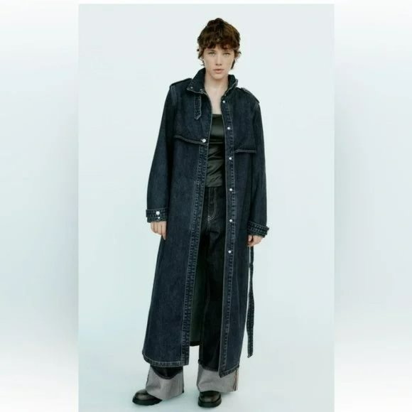 ZARA HIGH COLLAR DENIM TRENCH COAT - Picture 2 of 7